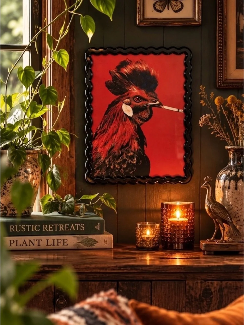 Rooster Smoking a Cigarette Vintage Style Chicken Canvas Art Print Wavy Framed